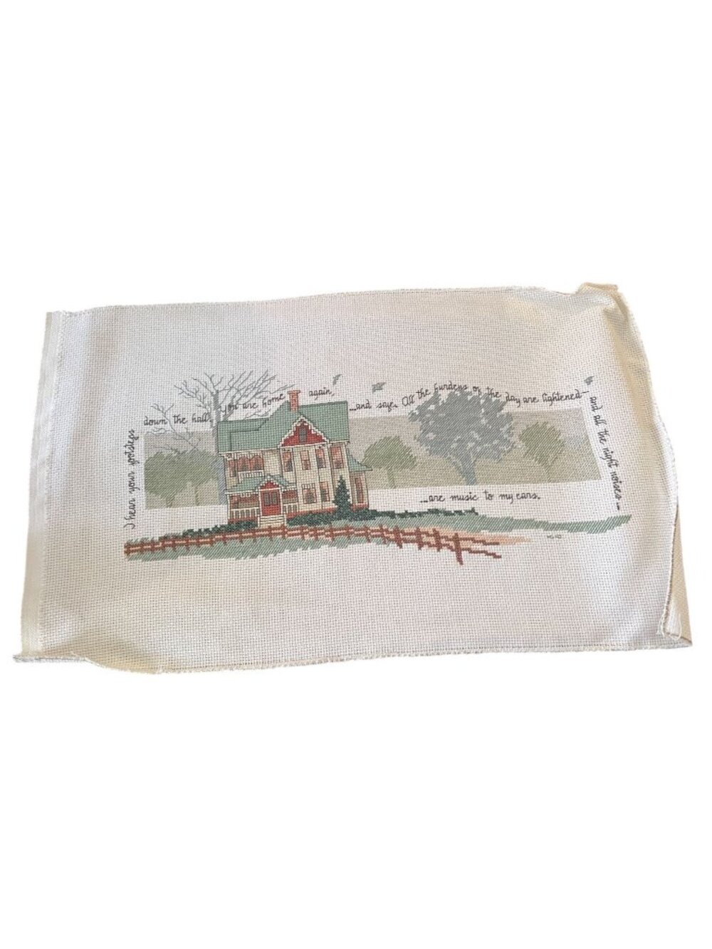 Vintage Handmade Finished 90's Cross Stitch House with Quote